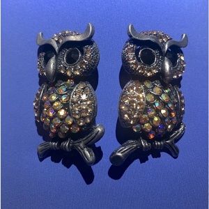 Vintage Estate Jewelry 2 Owl & Rhinestones on a Branch Brooch Beautiful Blk Eyes